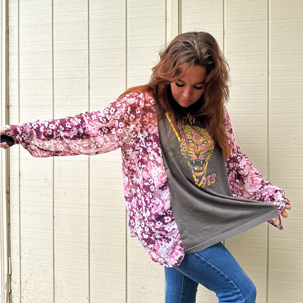 SOLD Upcycle Def Leppard Boho Floral Semi Sheer Top Blouse - One Of A Kind - Picture 10 of 15